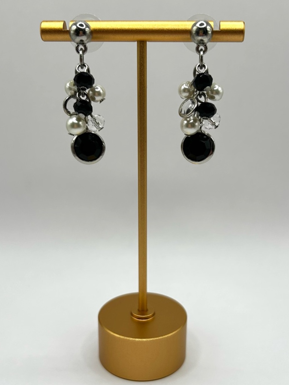 Black Crystal & Pearl Cluster Drop Earrings Silver Tone Chic